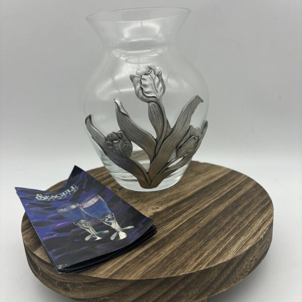Vintage Seagull Pewter Glass Vase 1992 Signed Tulips Floral Flowers 5.5”